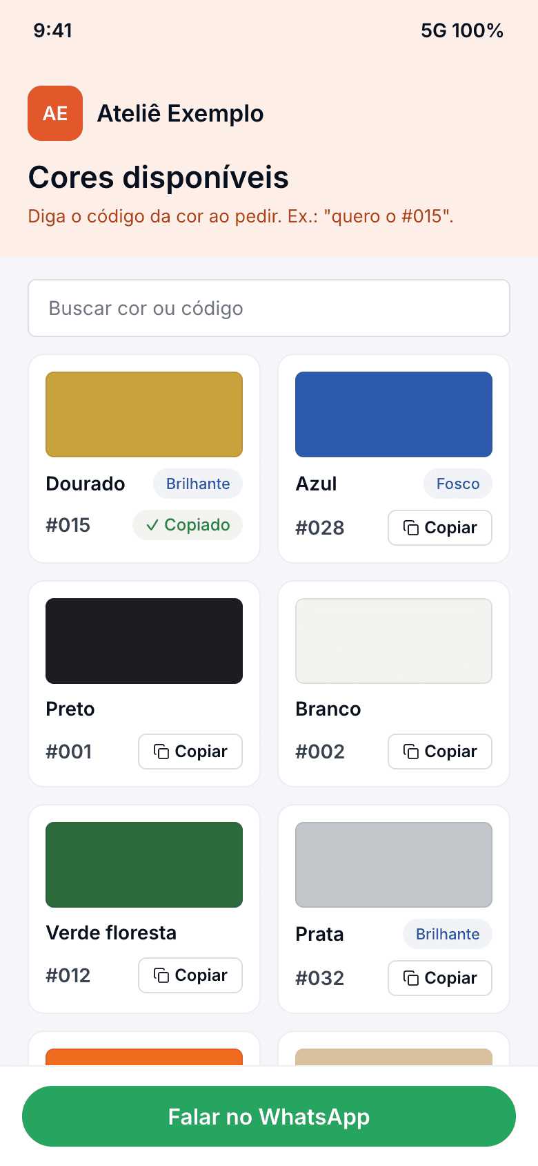 Cartela pública de cores aberta no celular, com o código de cada cor