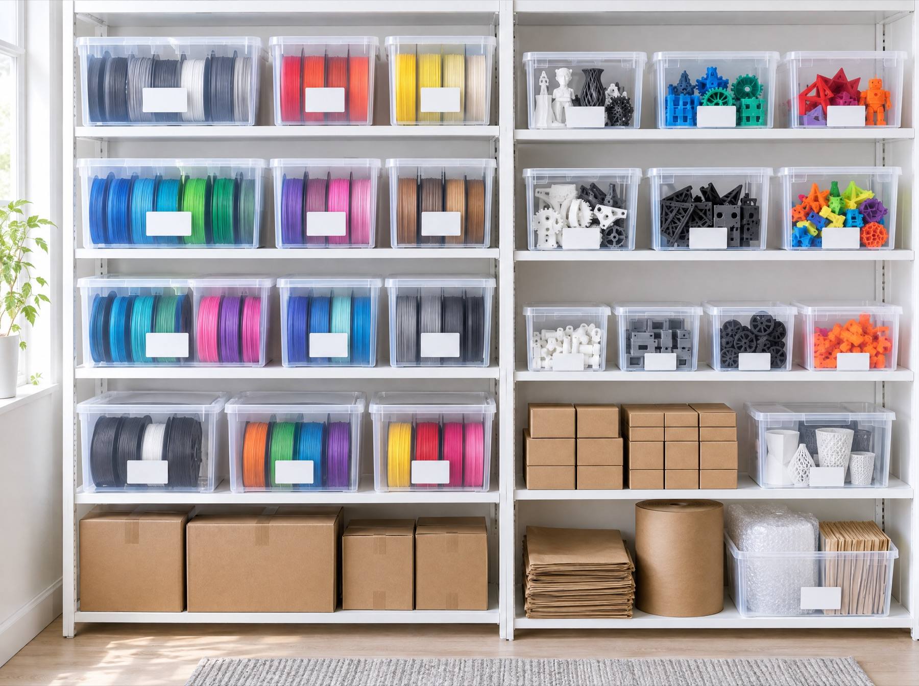 Estante com caixas de filamento e peças organizadas por cor
